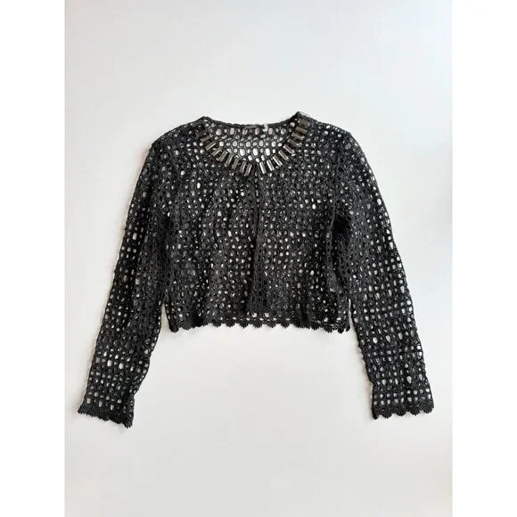 ELIE TAHARI Black Cotton Broderie Anglaise Beaded Lace Cardigan Sweater, Size 2 - Picture 6 of 15
